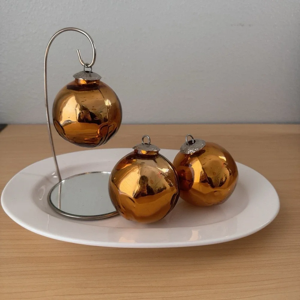 Vtg Y2K Midwest Kugel Christmas Ornament Lot Of 3 Yellow Gold Glass‎ Ball Bell